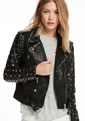 Arcane Fox - Women's Belted Studded Biker Leather Jacket In Black