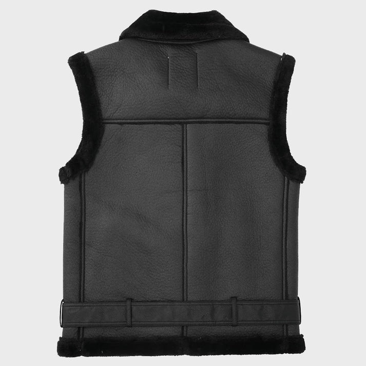 Arcane Fox - Women's Biker Shearling Leather Vest In Black With Belted Waist