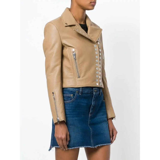 Arcane Fox - Women's Cropped Studded Leather Jacket In Beige