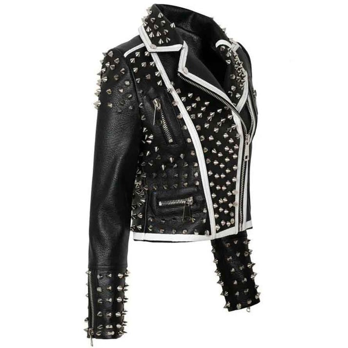 Arcane Fox - Women's Embroidered Studded Biker Leather Jacket In Black