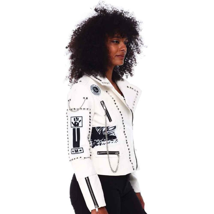 Arcane Fox - Women's Embroidered Studded Leather Jacket In White