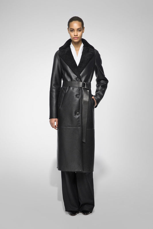 Women's Fur Shearling Leather Coat In Black