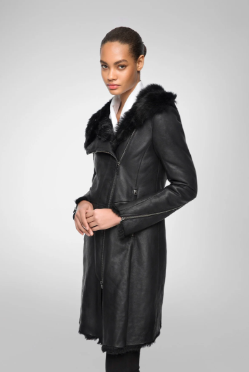 Women's Fur Shearling Parka Leather Coat In Black