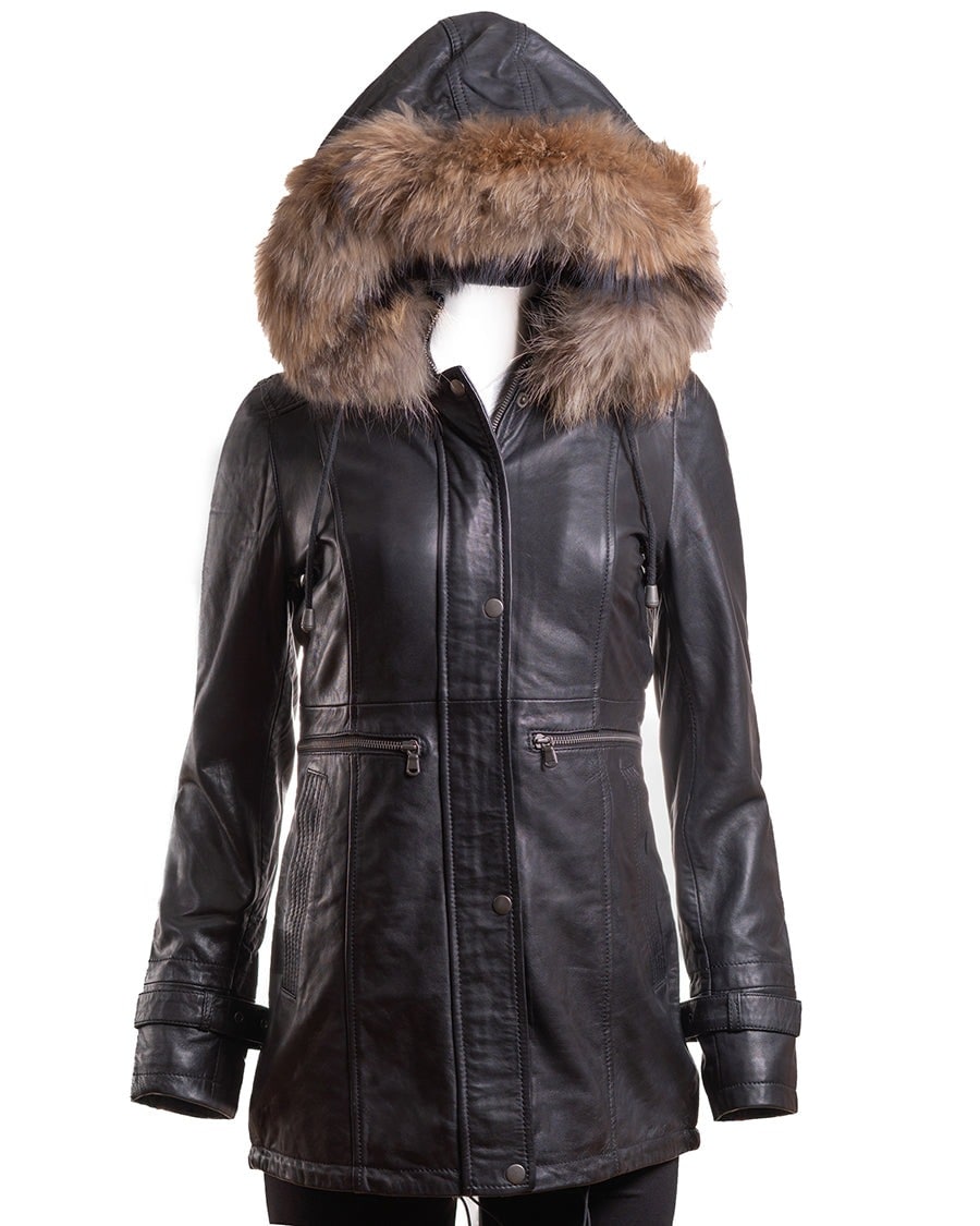 Arcane Fox - Women's Parka Leather Coat In Black With Removable Hood