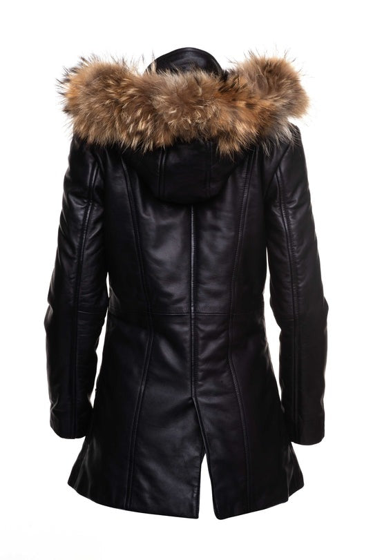 Arcane Fox - Women's Removable Hood Parka Leather Coat In Black