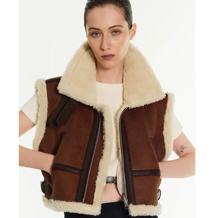 Arcane Fox - Women's Shearling Cropped Leather Vest In Dark Brown