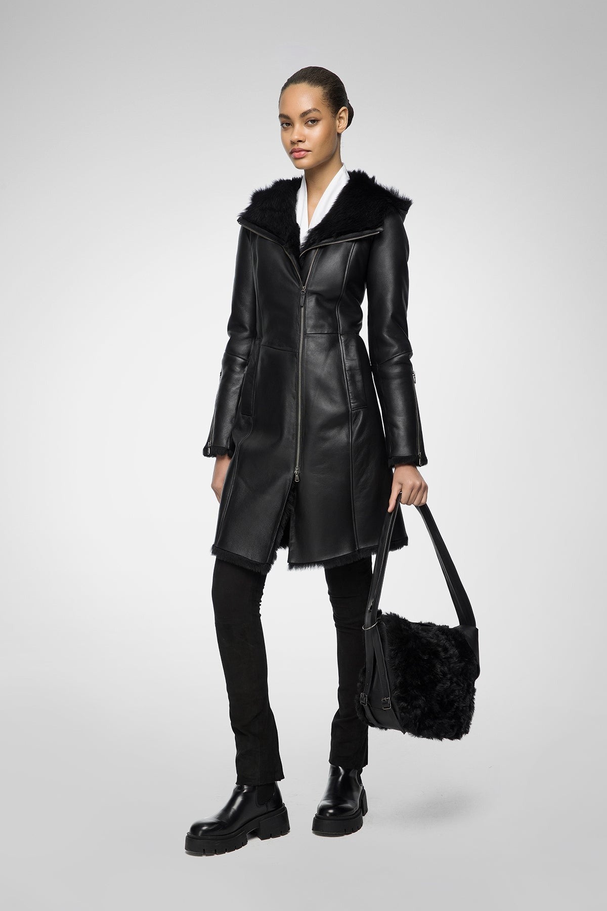 Women's Sheepskin Fur Leather Coat In Black With Hood Arcane Fox