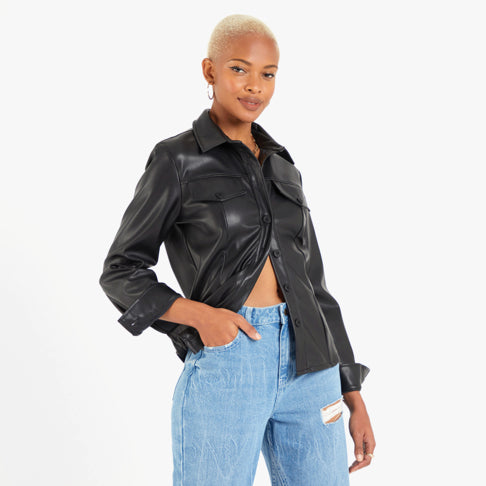 Women's Short Leather Shirt In Black