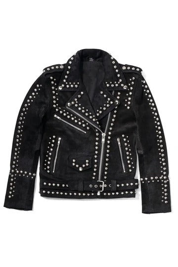 Arcane Fox - Women's Studded Suede Leather Jacket In Black With Belted Waist