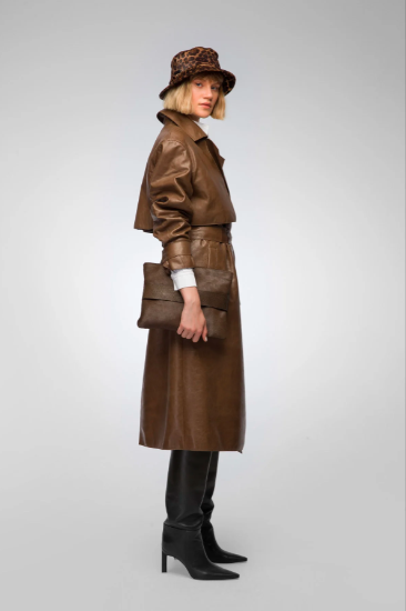 Women's Trench Leather Coat In Dark Brown With Belted Waist