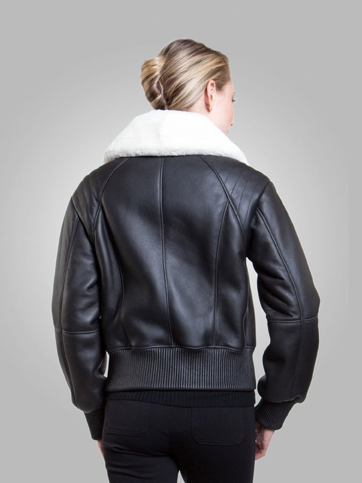 Arcane Fox - Women's White Shearling B3 Leather Jacket In Black