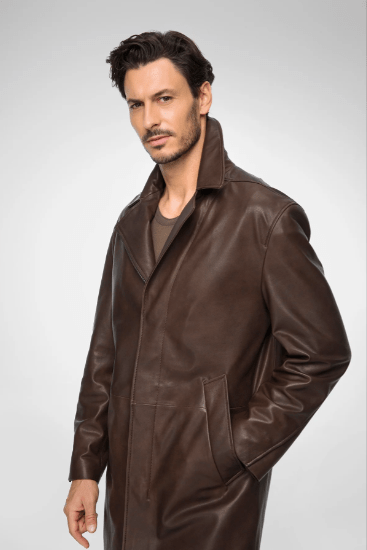 Men's Casual Leather Coat In Coffee Brown