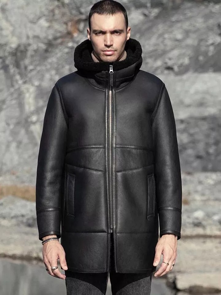 Men's Double Sided Shearling Leather Coat In Black - Arcane Fox