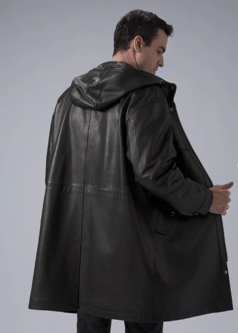 Men's Mid Length Leather Coat In Black With Hood