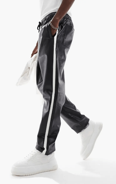 Men's Leather Pant In Black With White Strap - Arcane Fox