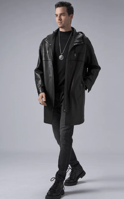 Men's Mid Length Leather Coat In Black With Hood