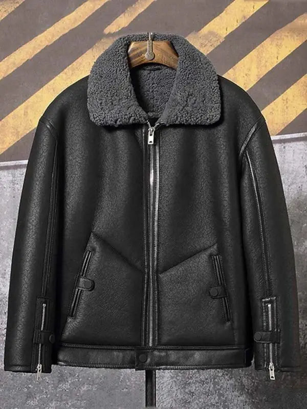 Arcane Fox - Men's Shearling Aviator Fur Leather Jacket In Matte Black