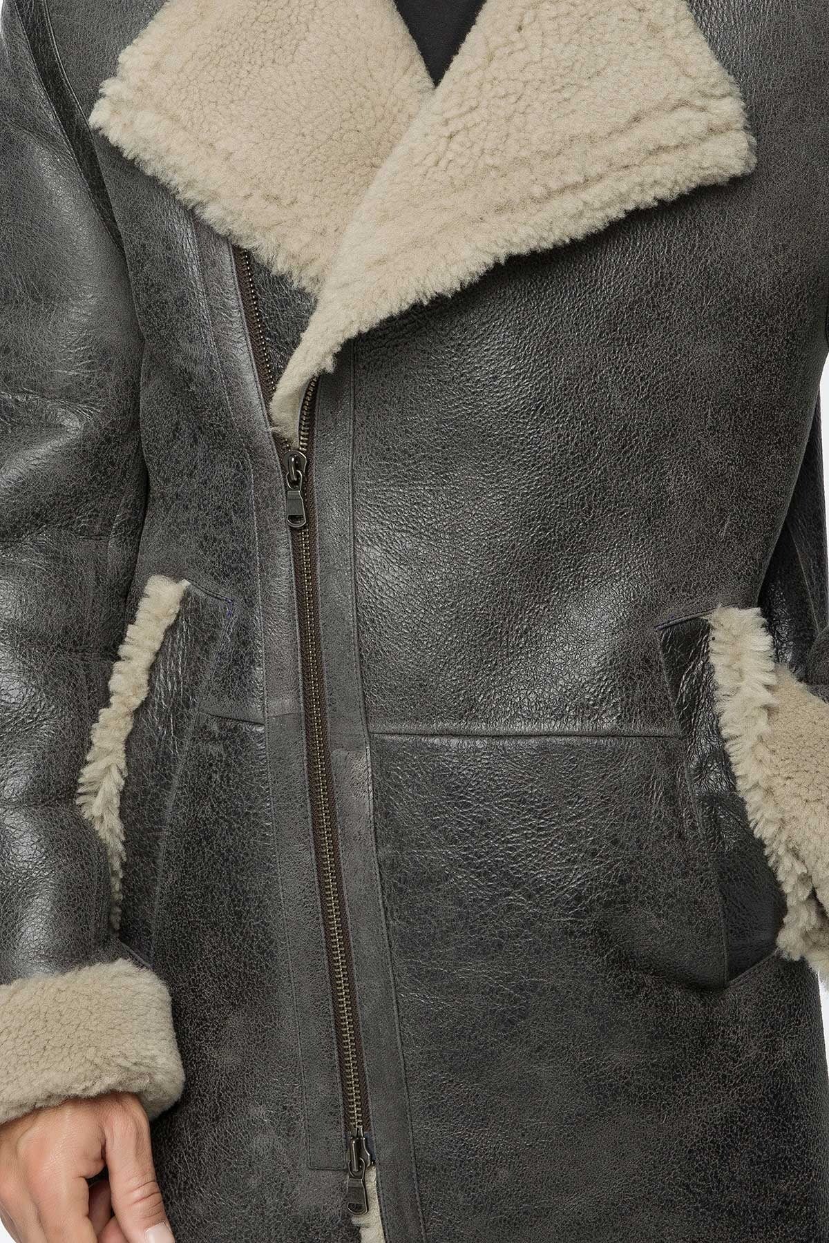 Men's Shearling Leather Coat In Gray