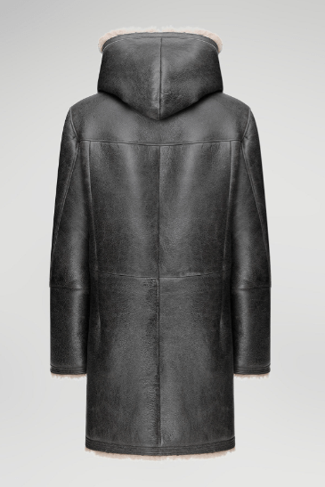 Men's Shearling Fur Leather Coat In Black With Hood