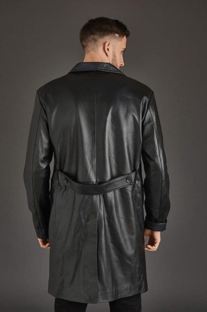 Men's Trench Leather Coat In Black