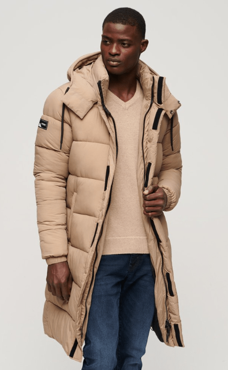 Arcane Fox Men's Trench Puffer Hooded Coat In Tan Brown