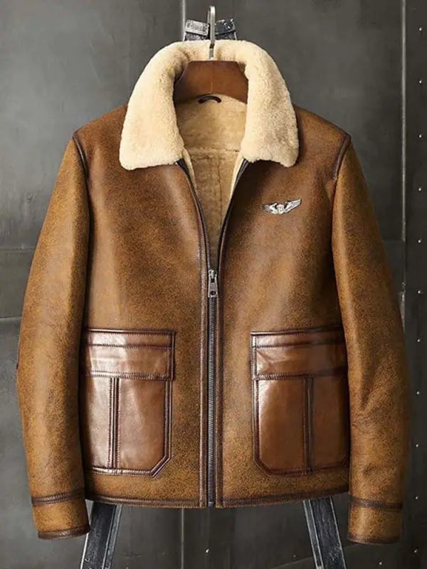 Arcane Fox - Men's Raf Shearling Aviator Leather Jacket In Brown