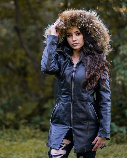 Arcane Fox - Women's Removable Hood Parka Leather Coat In Black