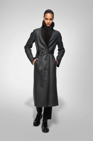 Women's Shearling Leather Coat In Black With Belted Waist