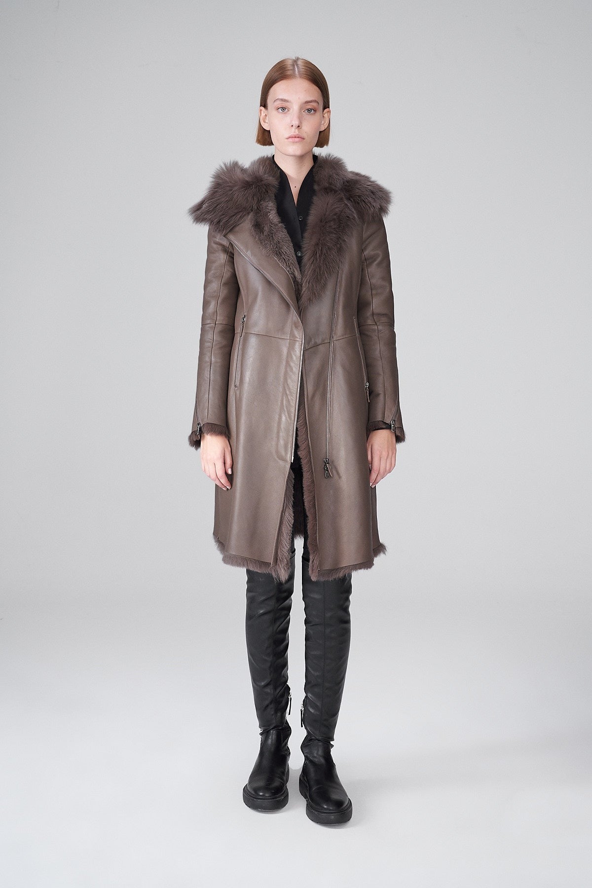 Women's Shearling Leather Trench Coat In Dark Brown Arcane Fox