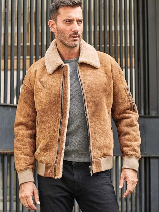 Arcane Fox - Men's Shearling B3 Aviator Leather Jacket In Tan Brown