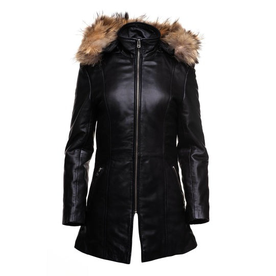 Arcane Fox - Women's Removable Hood Parka Leather Coat In Black