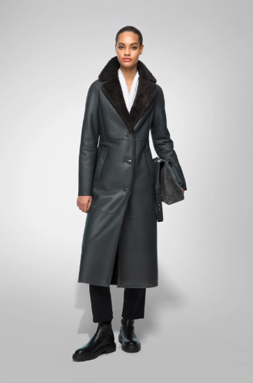 Women's Shearling Leather Coat In Black With Belted Waist