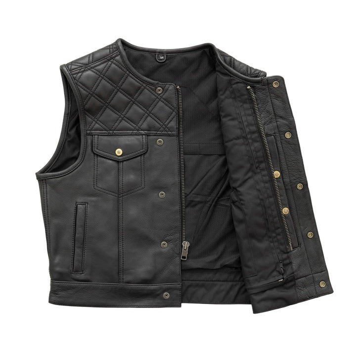 Arcane Fox - Men's Quilted Biker Leather Vest In Black With Golden Buttons