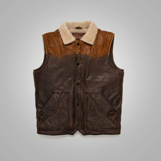 Arcane Fox - Men's Biker Shearling Leather Vest In Dark Brown