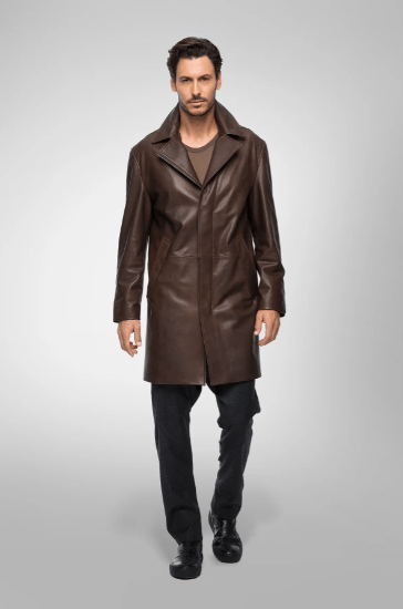 Men's Casual Leather Coat In Coffee Brown