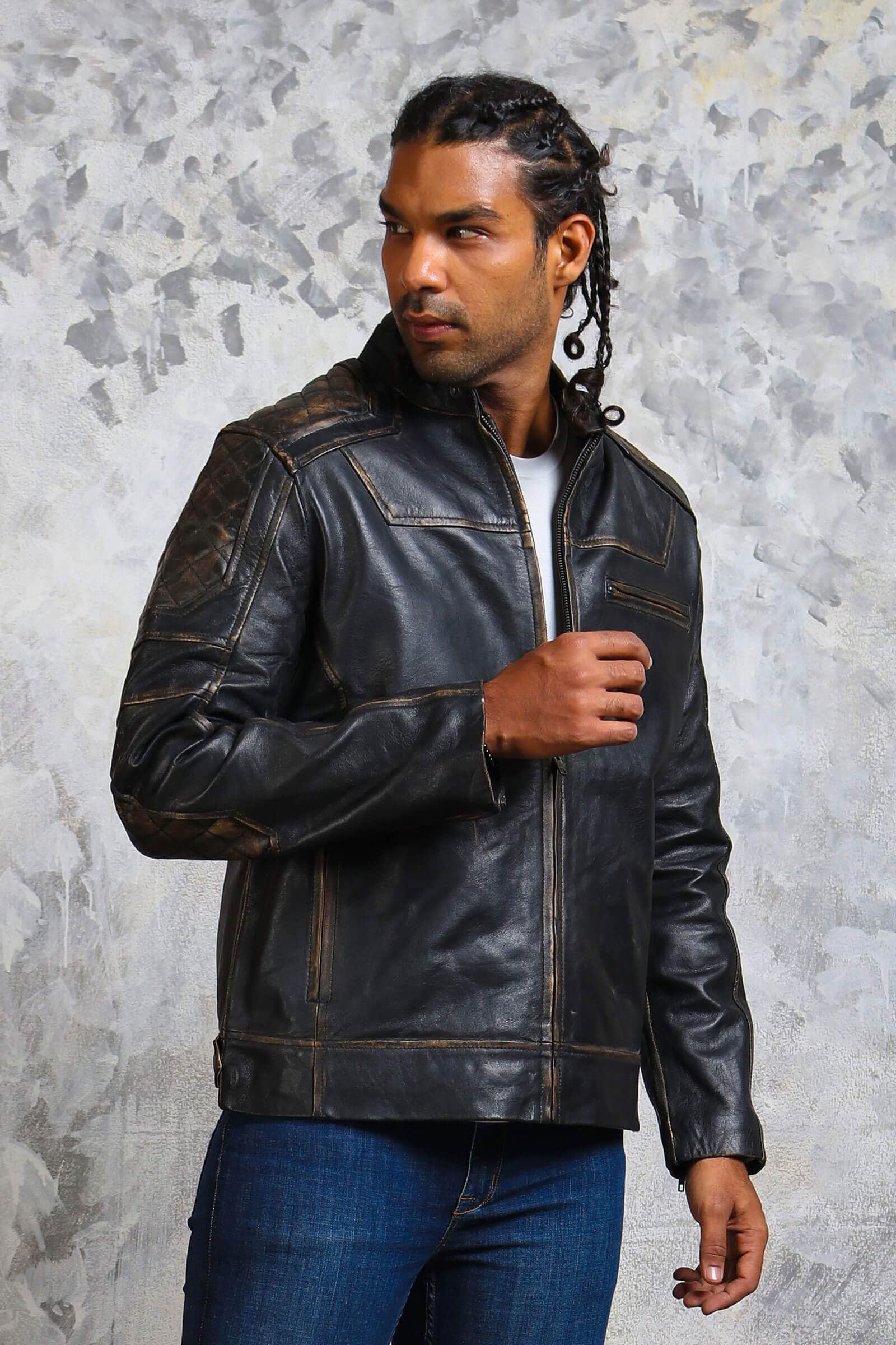 Men s Distressed Motorcycle Leather Jacket Arcane Fox