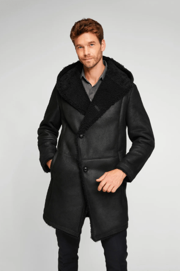 Men's Hooded Shearling Leather Coat In Black