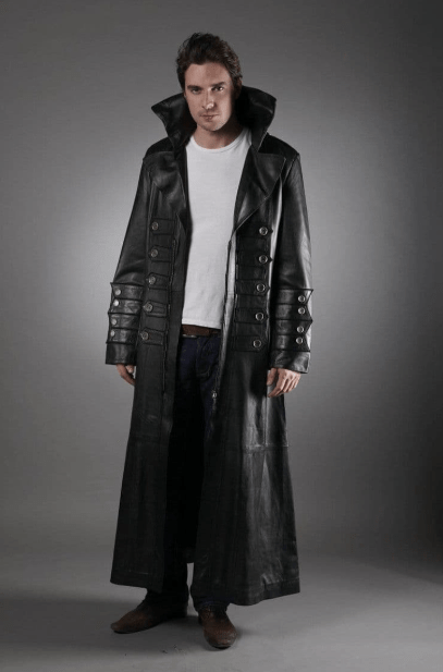 Men's Long Leather Coat In Black