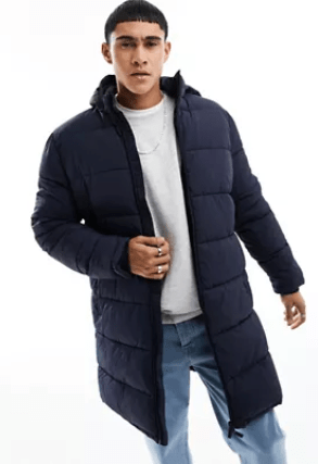 Men's Mid Length Hooded Puffer Coat In Blue