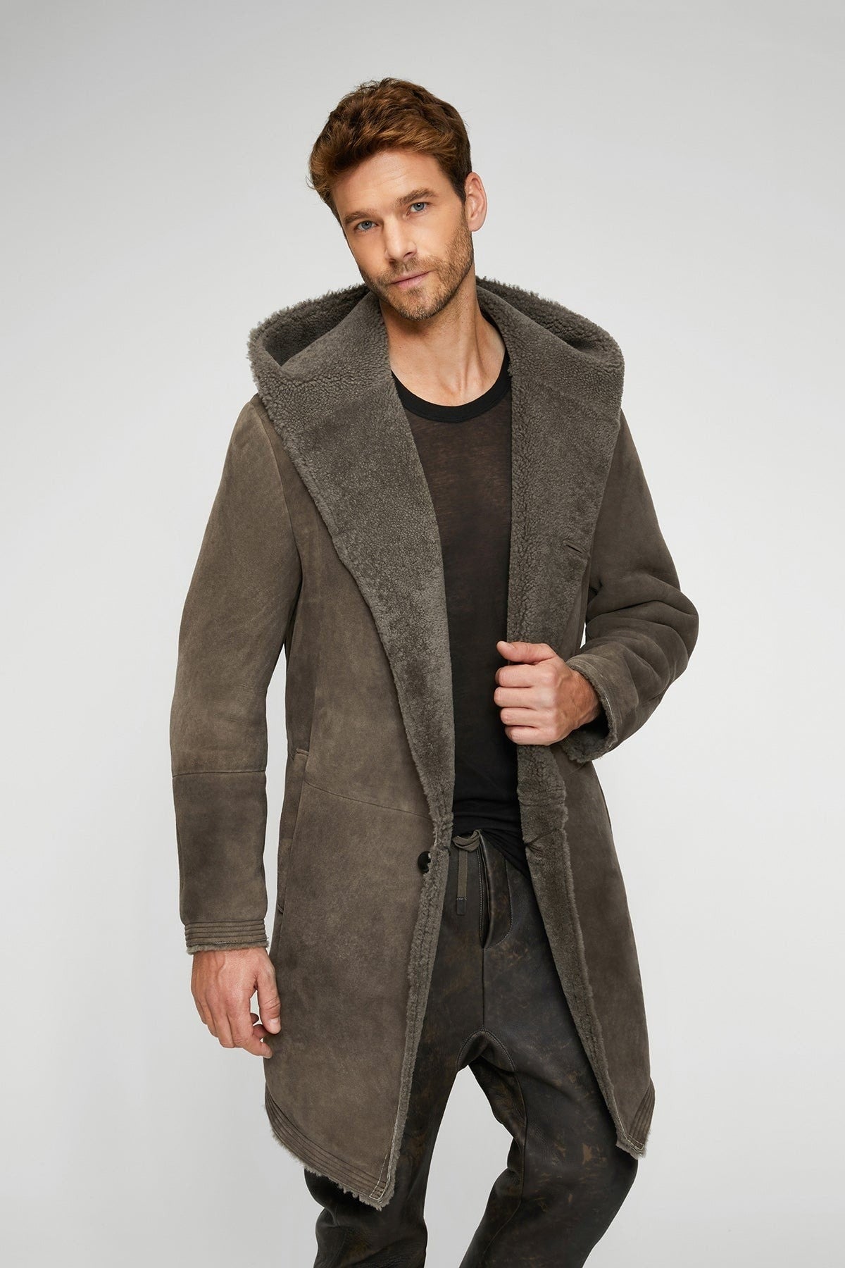 Men's Sheepskin Leather Coat In Gray With Hood