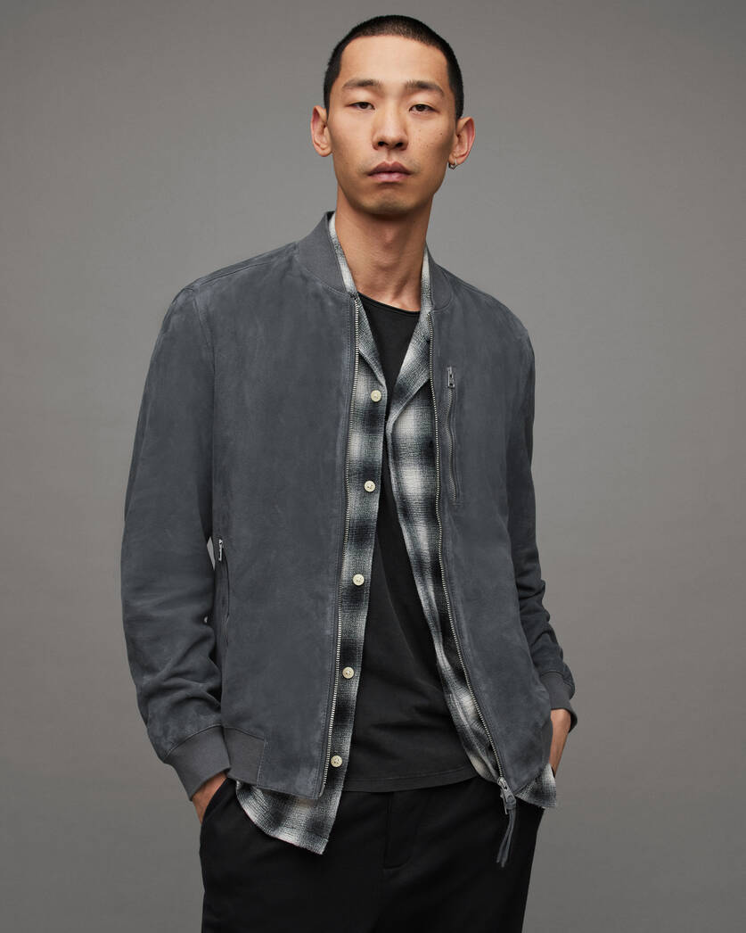 Men's Suede Leather Bomber Jacket In Dark Gray - Arcane Fox