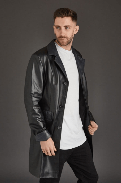 Men's Trench Leather Coat In Black