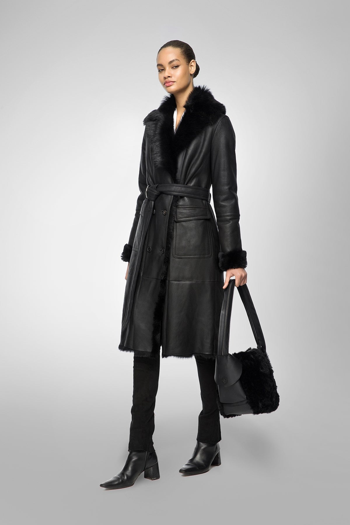 Women's Belted Shearling Bomber Leather Coat In Black