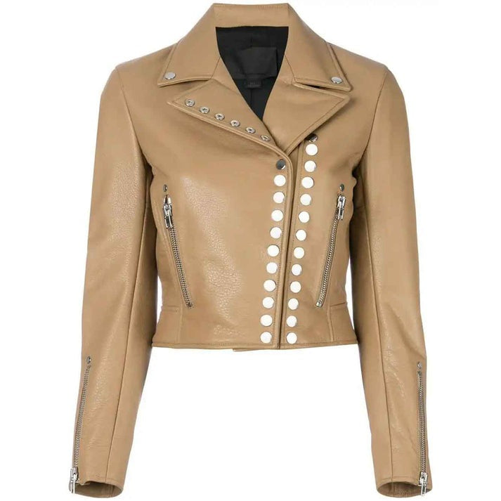 Arcane Fox - Women's Cropped Studded Leather Jacket In Beige