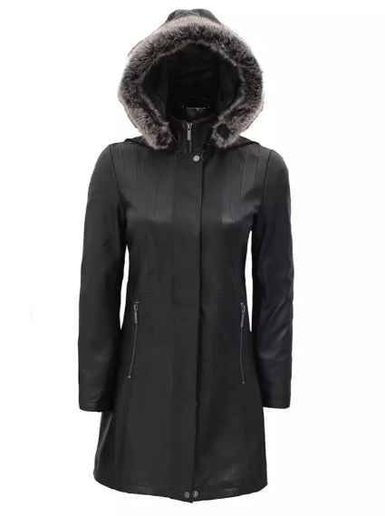 Arcane Fox - Women's Fur Parka Leather Coat In Black With Removable Hood