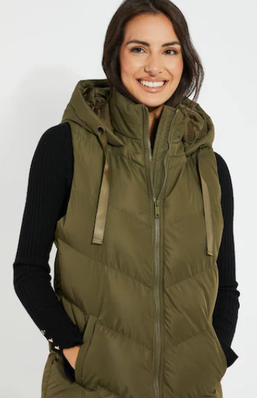 Arcane Fox - Women's Hooded Puffer Sleeveless Coat In Khaki