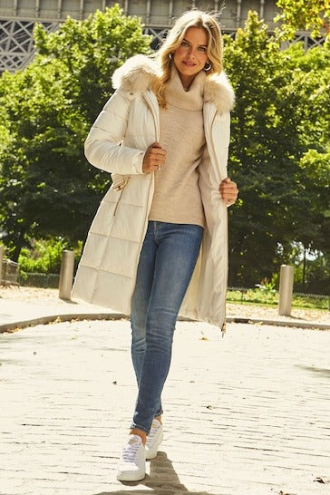 Arcane-Fox-Women's Hooded Puffer Parka Coat In Beige