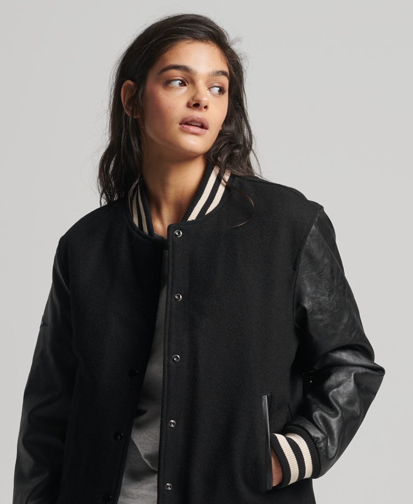 Women's Letterman Bomber Leather Jackets In Black