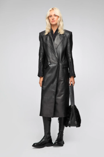 Women's Long Leather Coat In Black
