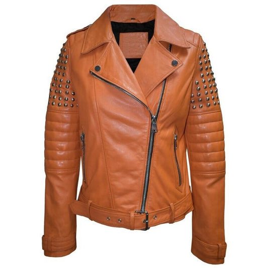 Arcane Fox - Women's Motorcycle Studded Leather Jacket In Brown